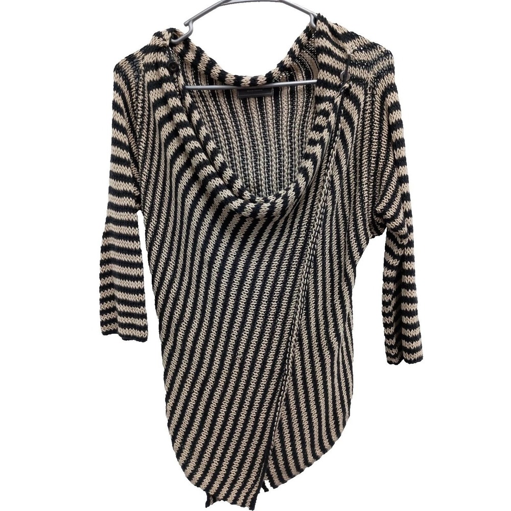 Wooden Ships Cardigan Sweater Womens Medium Black Tan Striped Cowl Neck Wrap